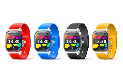 Smart watches straps. Realistic multifunctional bracelets angle view,