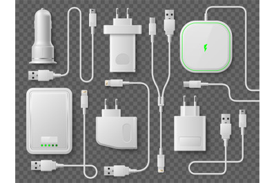 Realistic white phone charger. Power cable with different ports, lapto