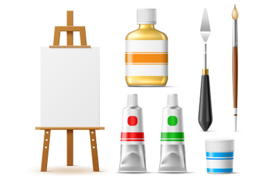 Realistic painter tools. Art supplies and equipments, oil and solvent,