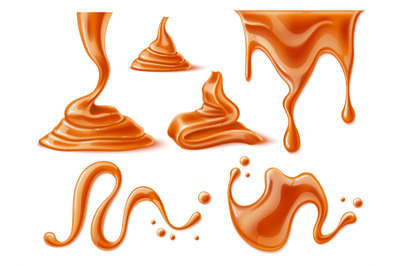 Realistic caramel melted. Liquid drips, drops and puddles, sugar syrup