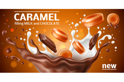 Realistic caramel poster. 3d round candies and cubes, sweet chocolate