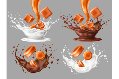 Melt caramel splashes. Realistic toffees pieces with milk and chocolat