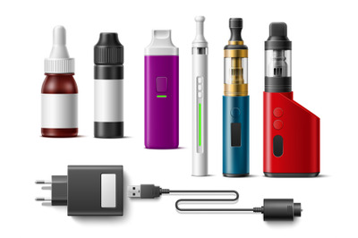 Realistic vape. 3d vaporizers elements, isolated electronic cigarettes