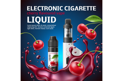 Realistic vape shop poster. 3d electronic cigarette with cherry taste