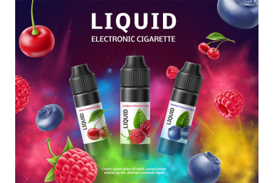 Vape liquid poster. Colorful flavor explosion, realistic bottles with