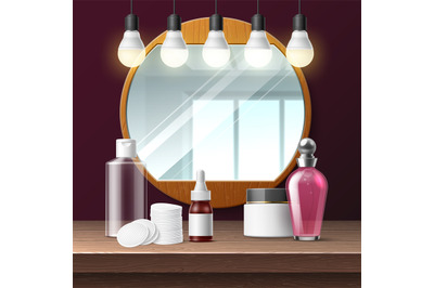 Realistic makeup mirror. Salon round mirror in wooden frame and light