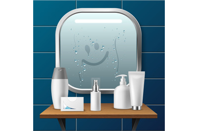 Realistic mirror. Drawn smiley face on condensation, modern bathroom d