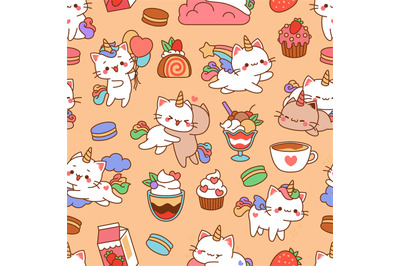 Funny unicorn cats pattern. Pastel colors print&2C; cute kittens with rai