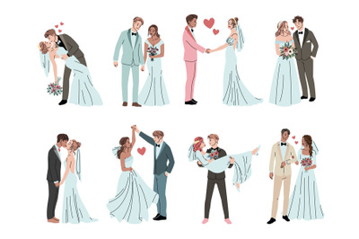 Wedding couples. Cute newlyweds kissing, hugging and dancing, grooms a