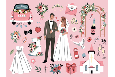 Cartoon wedding elements. Romantic party objects&2C; bride and groom acce