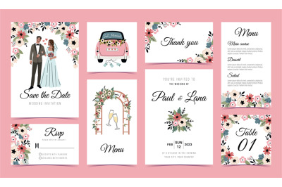 Cute wedding cards. Romantic party invitations&2C; happy newlyweds holida