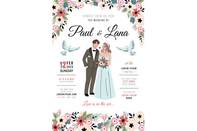 Cute bride and groom. Invitation wedding ceremony poster design&2C; coupl