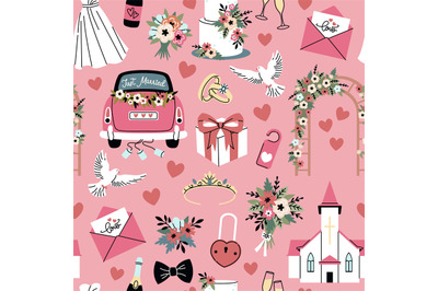 Cartoon wedding seamless pattern. Engagement party elements&2C; bride and