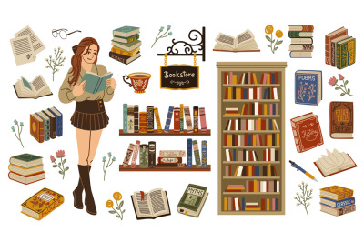 Book store elements. Cute bibliophile girl with book in hands, student