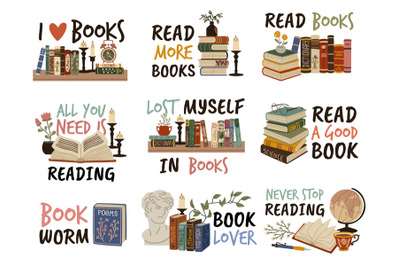 Reading emblems. Books with cute phrases, library labels, cozy quotes,