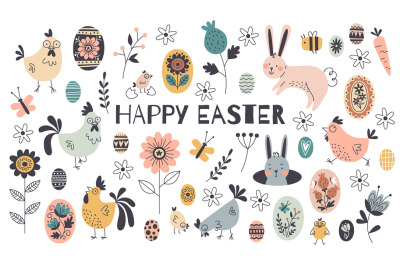 Happy easter cartoon elements. Decorative religious holiday objects, p