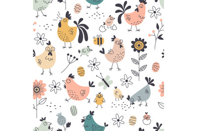 Seamless funny chickens pattern. Cartoon cute roosters and hens, decor