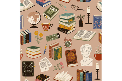 Books seamless pattern. Vintage cozy elements, printed publications, v