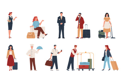 Hotel visitors and staff. Travelers, guests with luggage, pending plac