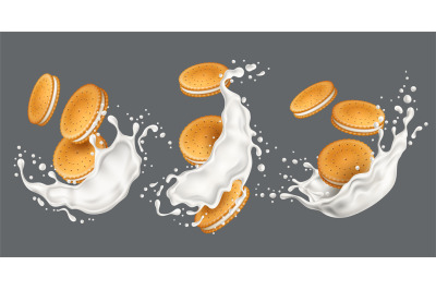 Cookies and milk splashes. Realistic biscuits with cream layer, sandwi