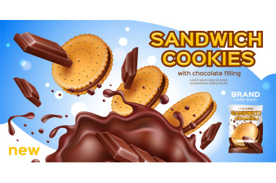 Realistic cookies. 3d falling sandwich crackers with chocolate cream l