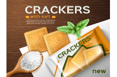 Salty crackers poster. Realistic baking product with basil and salt, i