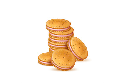 Crackers stack. Realistic sweet sandwich crackers with pink cream laye