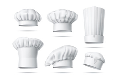 Realistic chefs hats. Professional cooks toques, isolated headgears, w