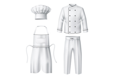 Realistic chef uniform. Cook clothes elements, professional work wear,