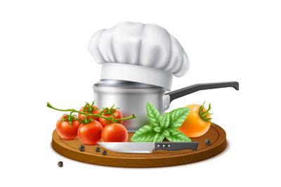 Realistic chef hat composition. Cooking cap with vegetables, herbs and