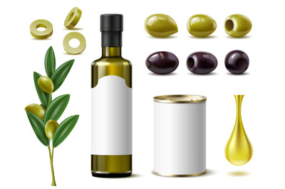 Realistic olive products. Pickled olives in white tin can, oil glass b