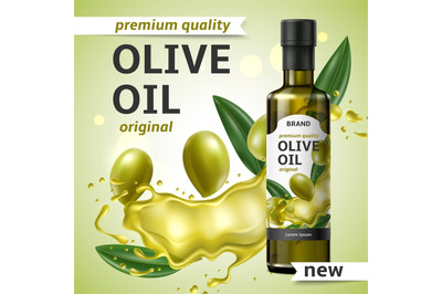 Realistic olive oil poster. Natural farm product, glass bottle with la