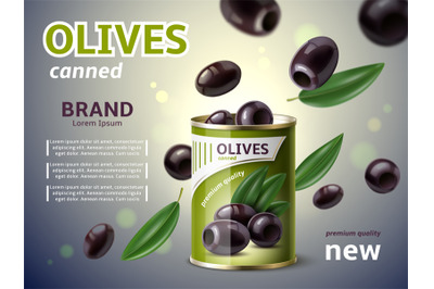 Realistic canned olives. Natural italian product, greek pickled fallin