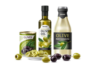 Realistic olive products composition. Cut and whole vegetables, pickle