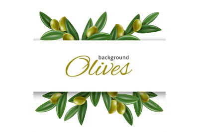 Realistic olive frame. Green leaves with vegetables, mediterranean nat