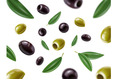 Falling olives. Realistic flying vegetables, white background, 3d isol