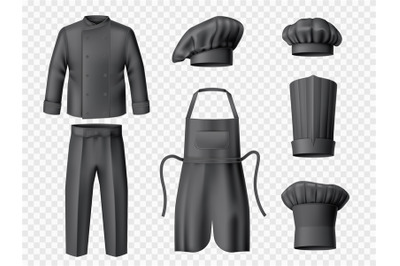 Realistic black chef uniform. Professional blank clothes, cook work we