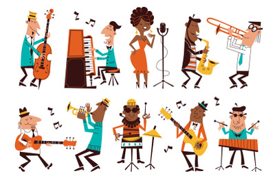 Jazz musicians. Cartoon band characters, funny people, different music