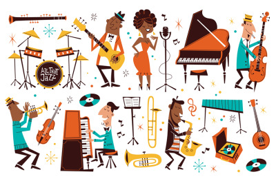 Cartoon jazz music. Cute professional musicians with instruments, comi