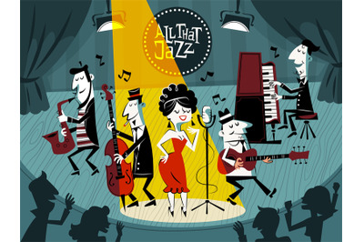 Cartoon jazz concert. Music festival, public stage performance, musici