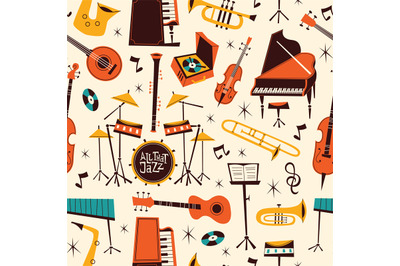 Jazz live music seamless pattern. Repeated musical instruments, comic