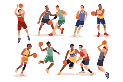 Basketball players. Athletes with ball in different poses, men handlin