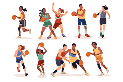 Female basketball players. Cartoon athletes in uniforms, men and women