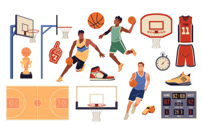 Basketball elements. Cartoon sport objects and group of players in uni