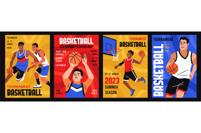 Basketball cards. Cartoon professional athletes in playing process, ch