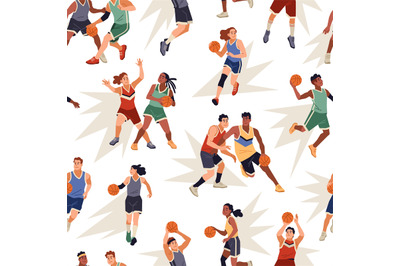 Basketball seamless pattern. Cartoon sport players characters, profess