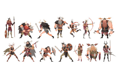 Cartoon viking characters. Funny medieval warriors, women and kids, me