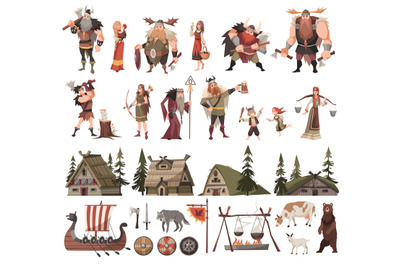 Cartoon vikings. Medieval barbarian characters and elements, household