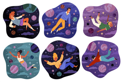 Floating space people. Mystic cosmo flight, guys and girls among plane