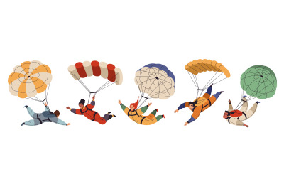 Cartoon skydivers characters. Cute guys and girls with open parachutes